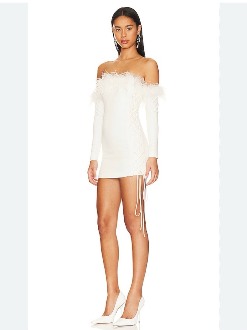 Camila Coelho Off-Shoulder Feather Trim Mini Dress in White